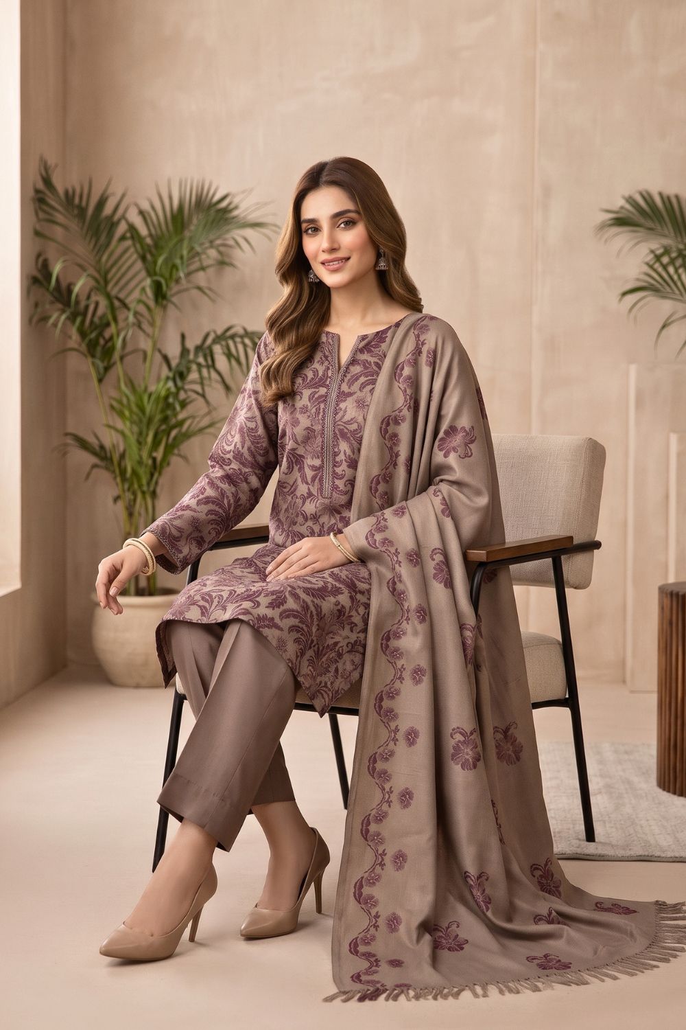 3Pcs Unstitched Printed China Patti With Wool Shawl Desgin - 5