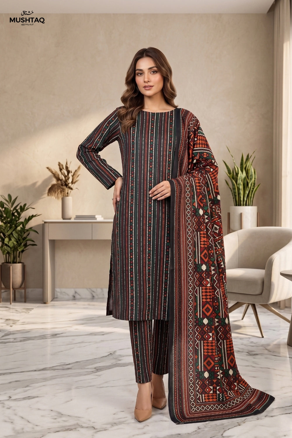 Mushtaq 3Pcs Unstitched Printed Linen Collection Desgin - 4