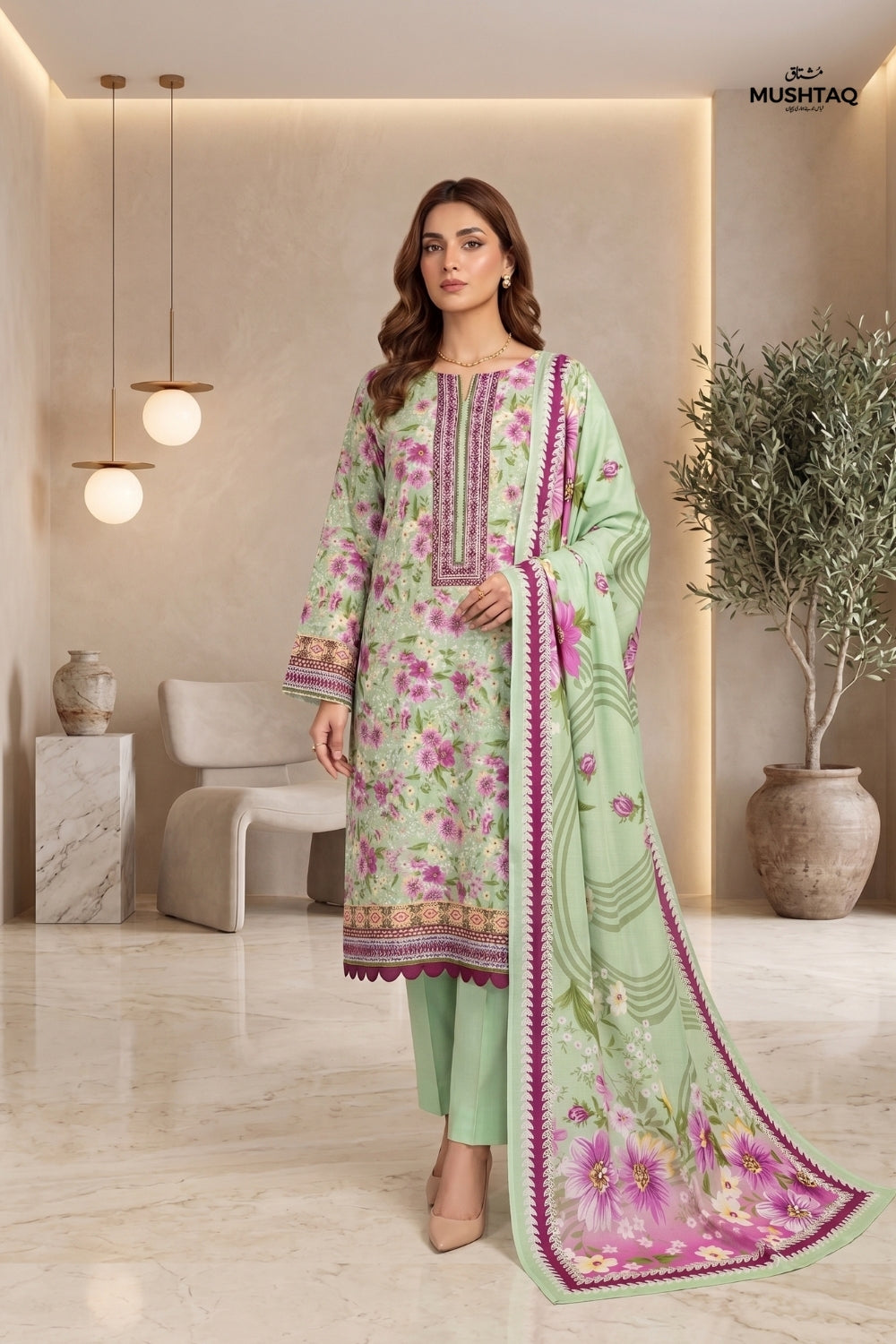 Mushtaq 3Pcs Unstitched Mascot Linen Suit Mira Collection Desgin - 4