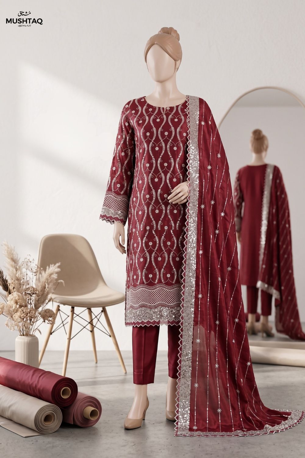 Mushtaq Chandni Collection 4Pcs Unstitched Cutdana fancy suit moti work Silk Desgin - 3