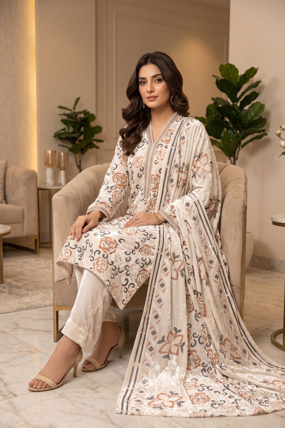 3Pcs Unstitched Printed Plachi Stuff with Shaneel velvet trouser Desgin - 5