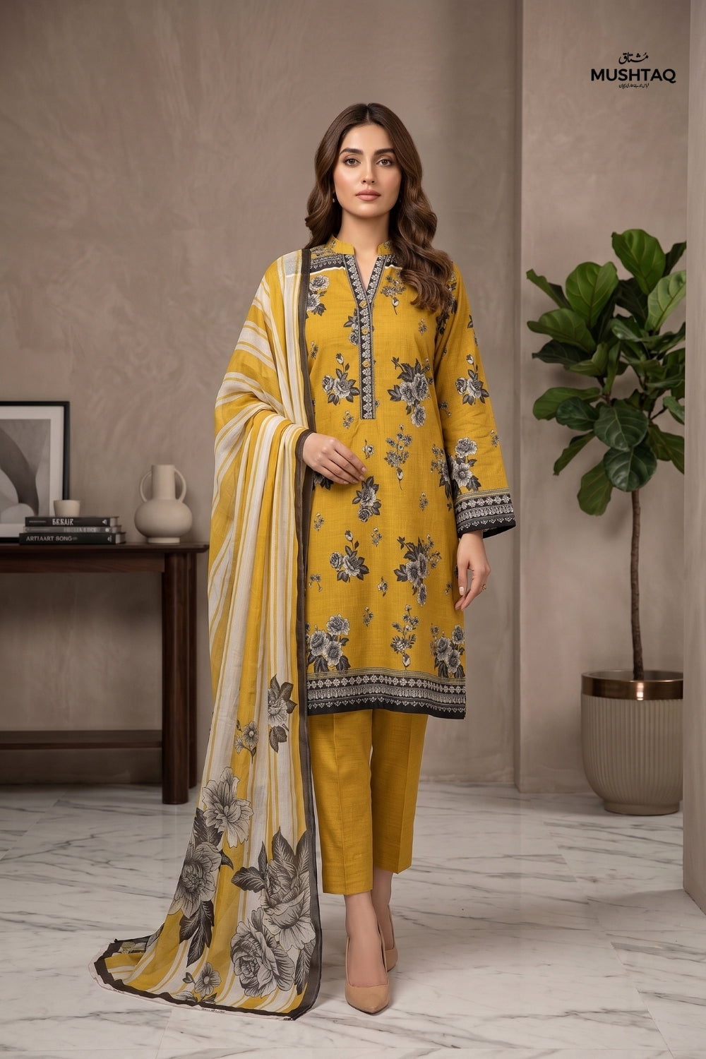 Mushtaq 3Pcs Unstitched Printed Viscouse Linen Suit with chiffon duppata Noor-e-Aroos Collection Desgin - 4