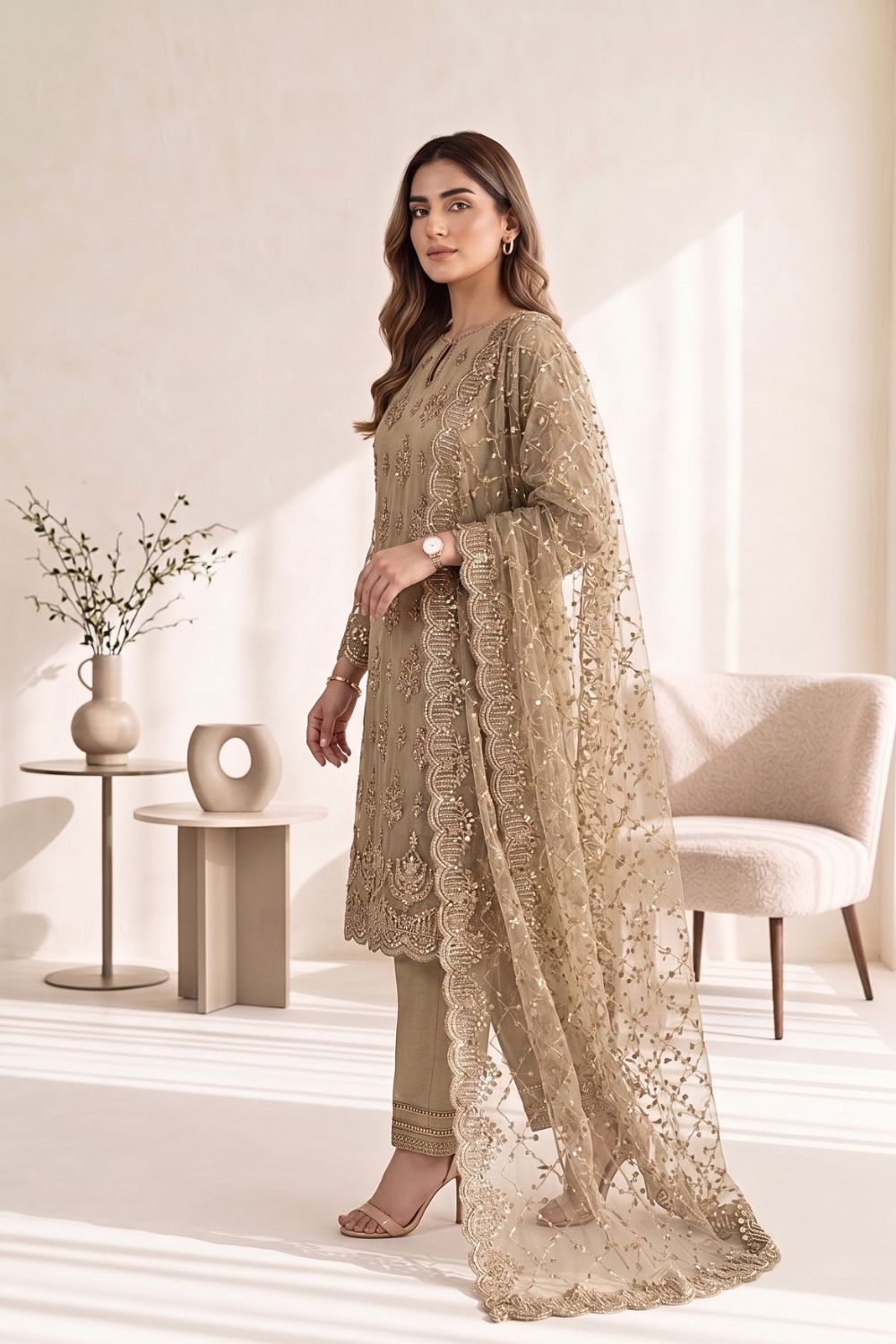 Mushtaq 3Pcs Unstitched Net Suit with Moti work Jasmine Party Wear Collection Desgin - 4