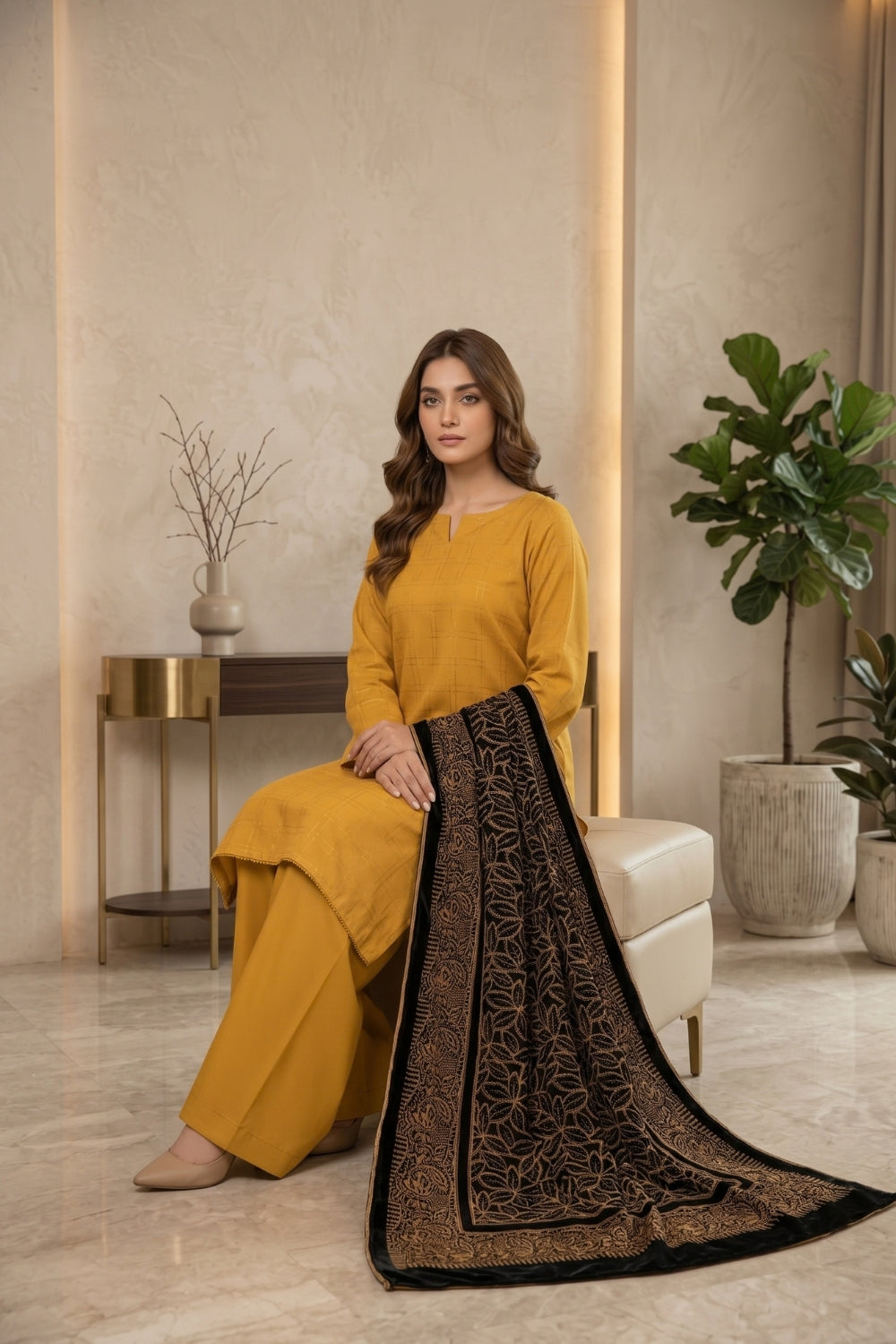 Mushtaq 3Pcs Unstitched Plain Marina with Palachi Dupatta Libaas Collection Desin - 6