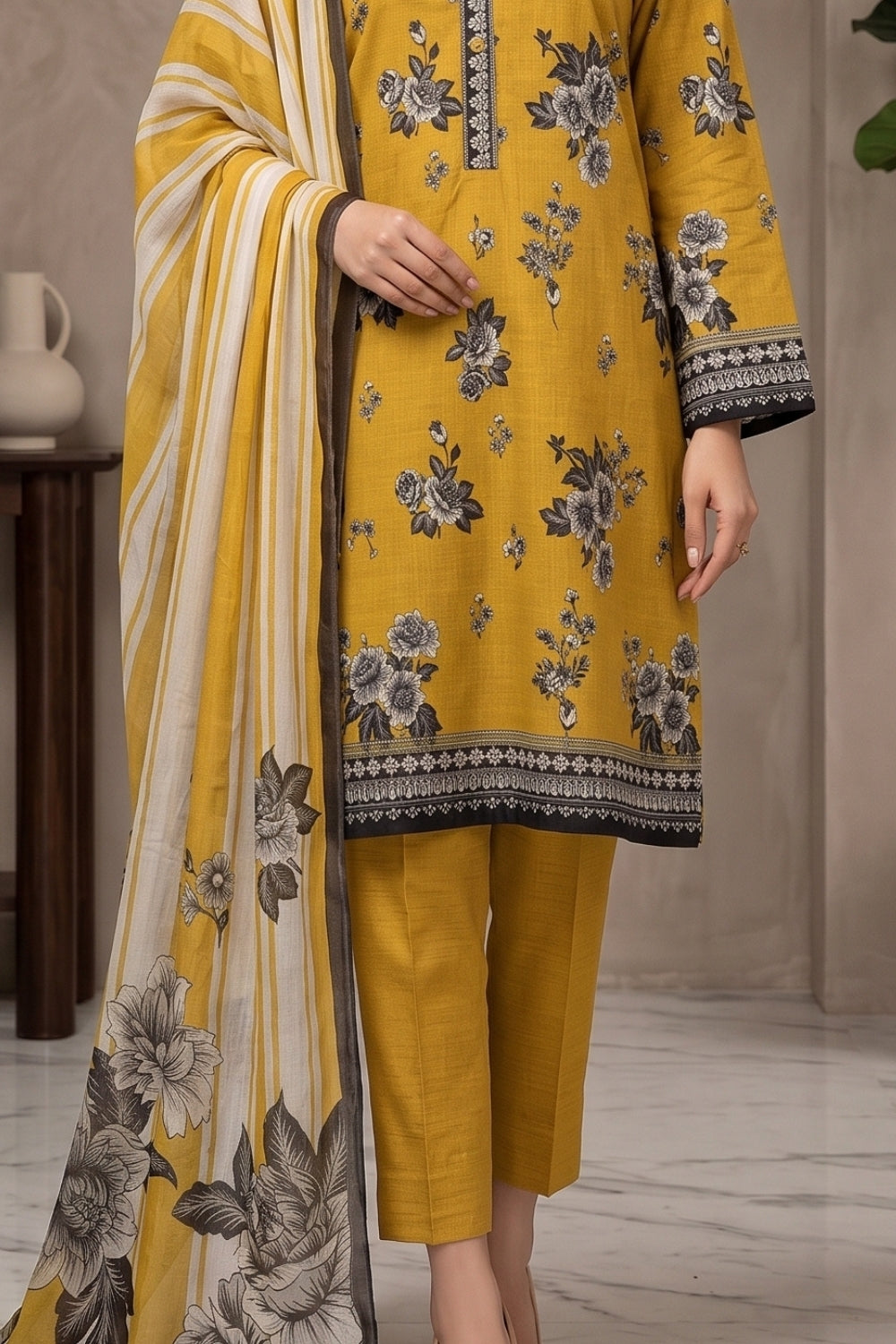 Mushtaq 3Pcs Unstitched Printed Viscouse Linen Suit with chiffon duppata Noor-e-Aroos Collection Desgin - 4