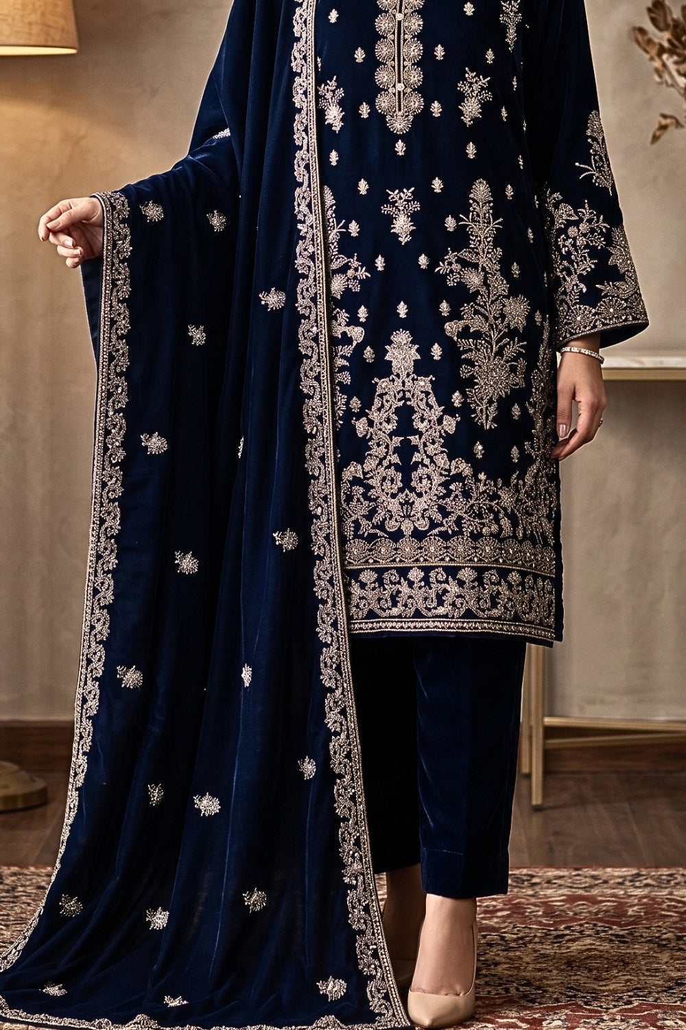 Mushtaq 3Pcs Unstitched Velvet Fancy suit Desgin - 4