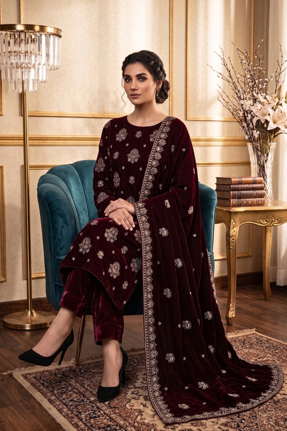 Mushtaq 3Pcs Unstitched Carman Velvet Fancy suit Desgin - 6