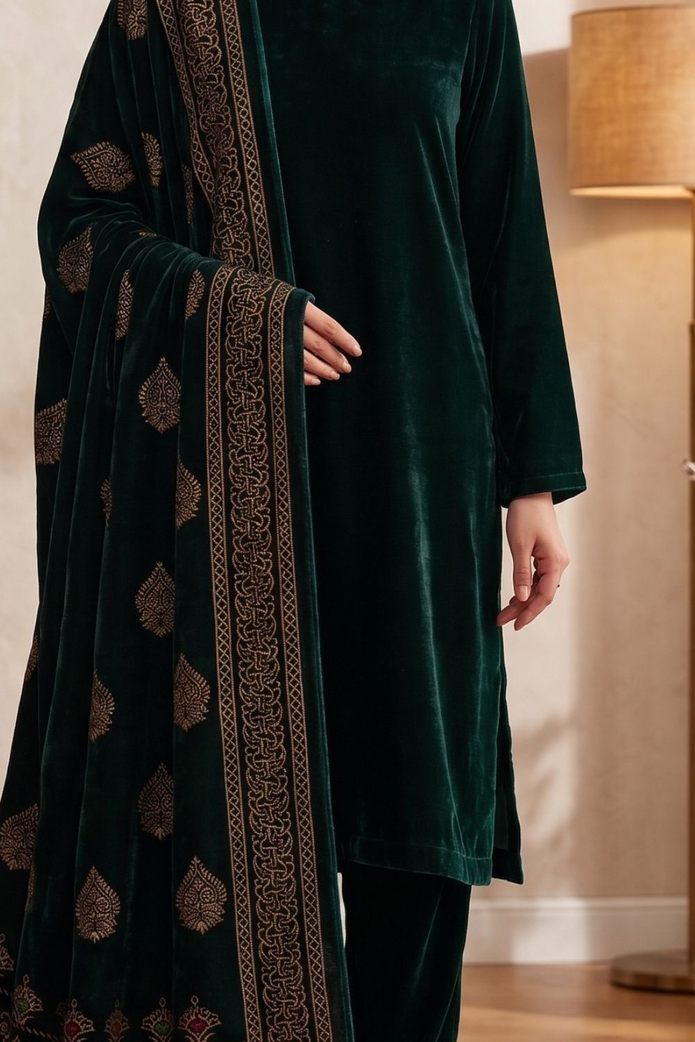 Mushtaq 3Pcs Unstitched Velvet Plain suit Printed Shawl Desgin - 3