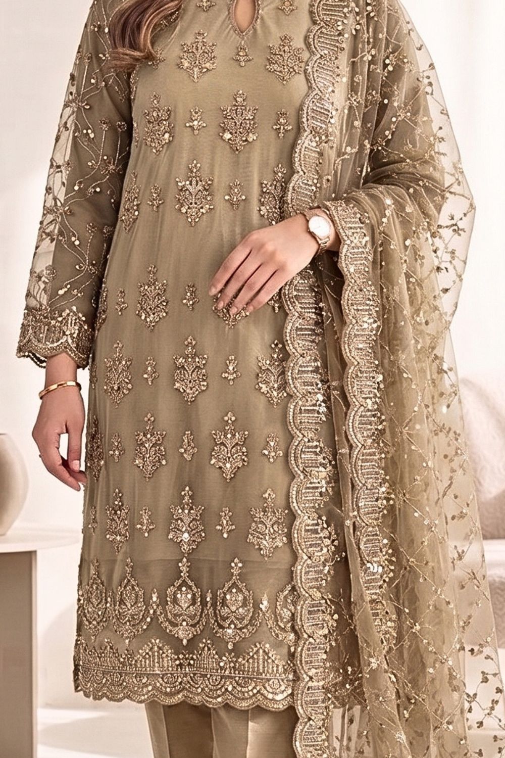 Mushtaq 3Pcs Unstitched Net Suit with Moti work Jasmine Party Wear Collection Desgin - 4