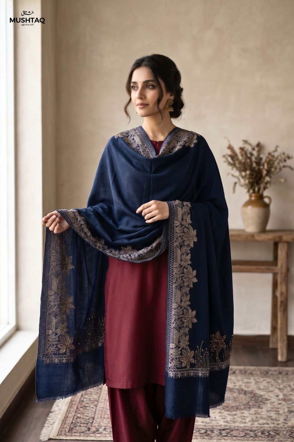 3Pcs Unstitched Pashima Suit With Embroidered Shawl Desgin - 7