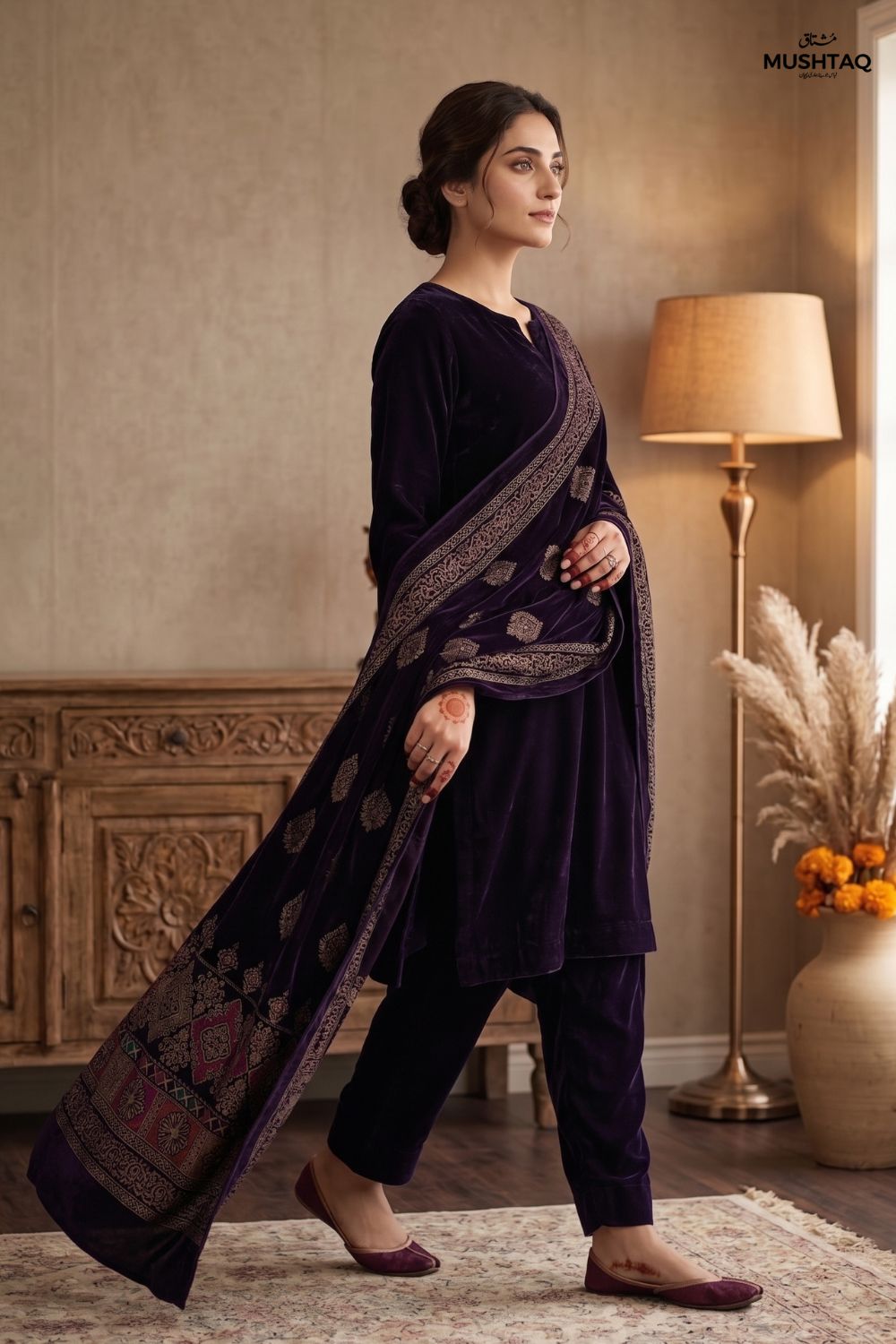 Mushtaq 3Pcs Unstitched Velvet Plain suit Printed Shawl Desgin - 4