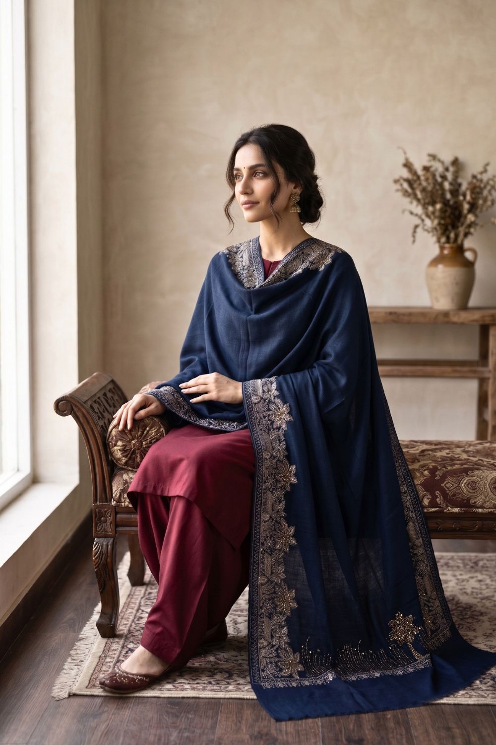 3Pcs Unstitched Pashima Suit With Embroidered Shawl Desgin - 7