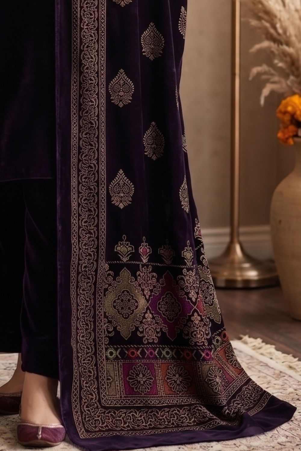 Mushtaq 3Pcs Unstitched Velvet Plain suit Printed Shawl Desgin - 4
