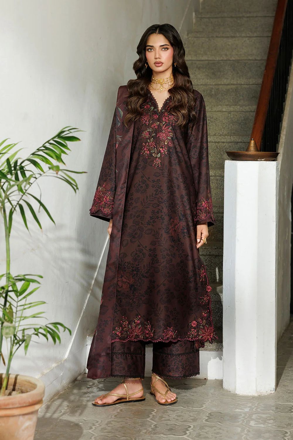 Iznik 3Pc Unstitched Embroidered Printed Viscose Linen Suit IPF-29