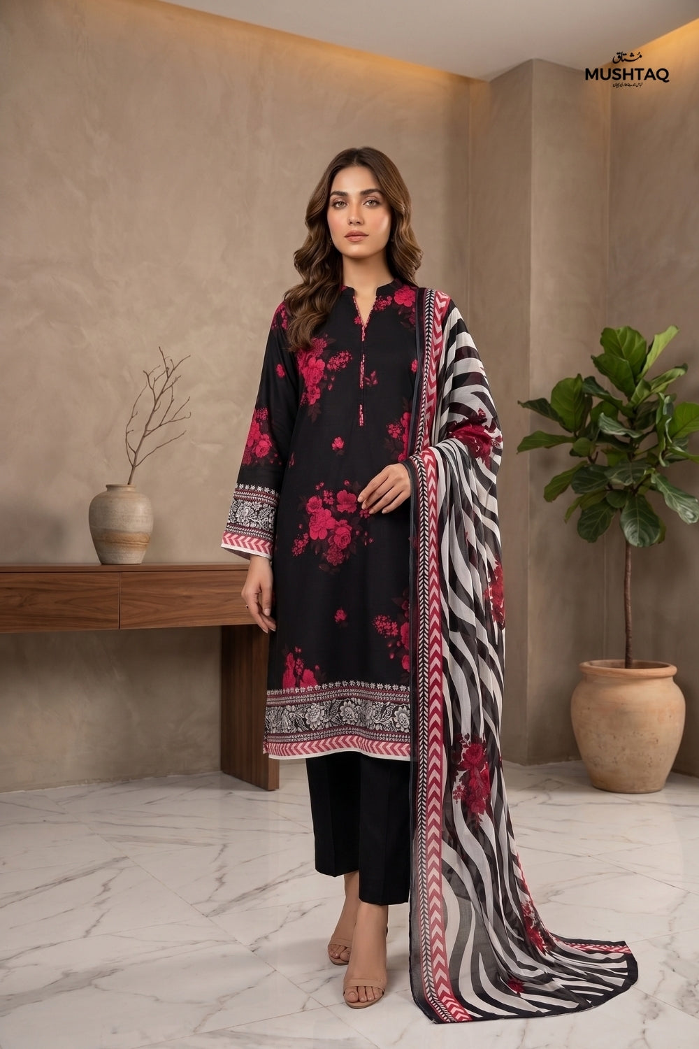 Mushtaq 3Pcs Unstitched Printed Viscouse Linen Suit with chiffon duppata Noor-e-Aroos Collection Desgin - 6