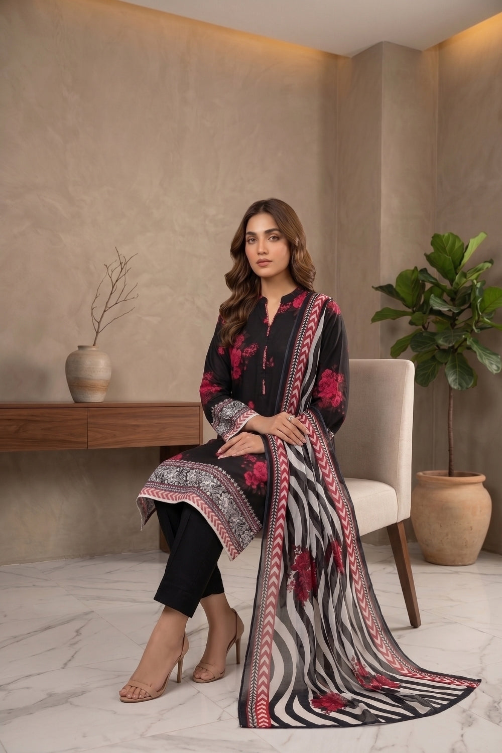 Mushtaq 3Pcs Unstitched Printed Viscouse Linen Suit with chiffon duppata Noor-e-Aroos Collection Desgin - 6