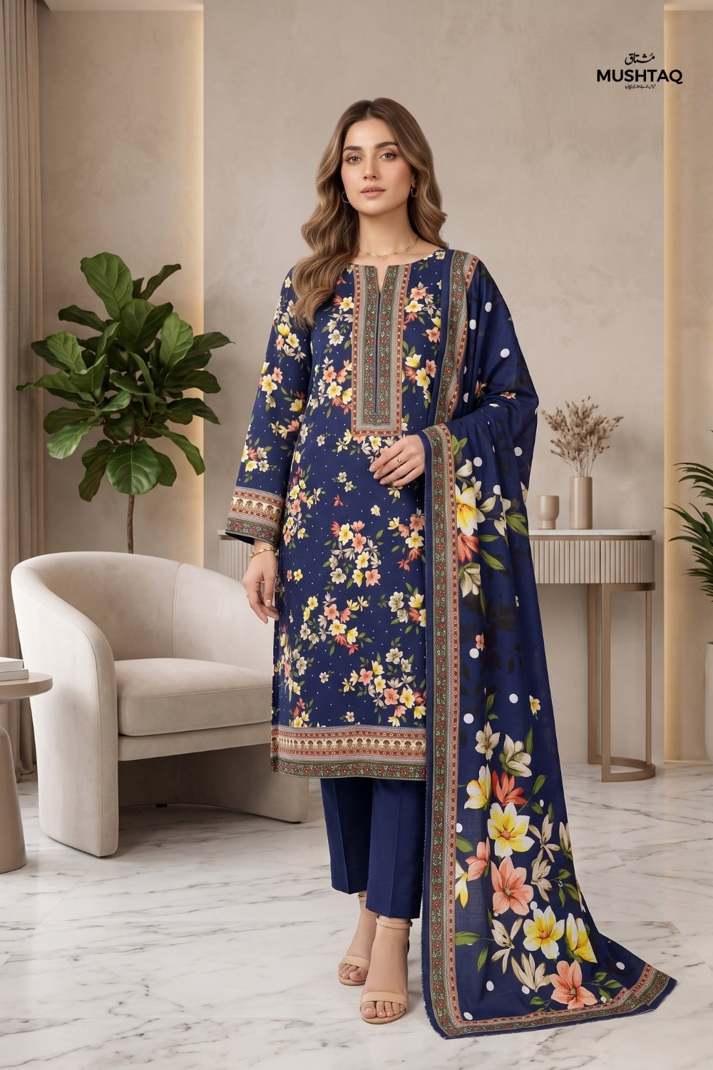 Mushtaq 3Pcs Unstitched Mascot Linen Suit Mira Collection Desgin - 7