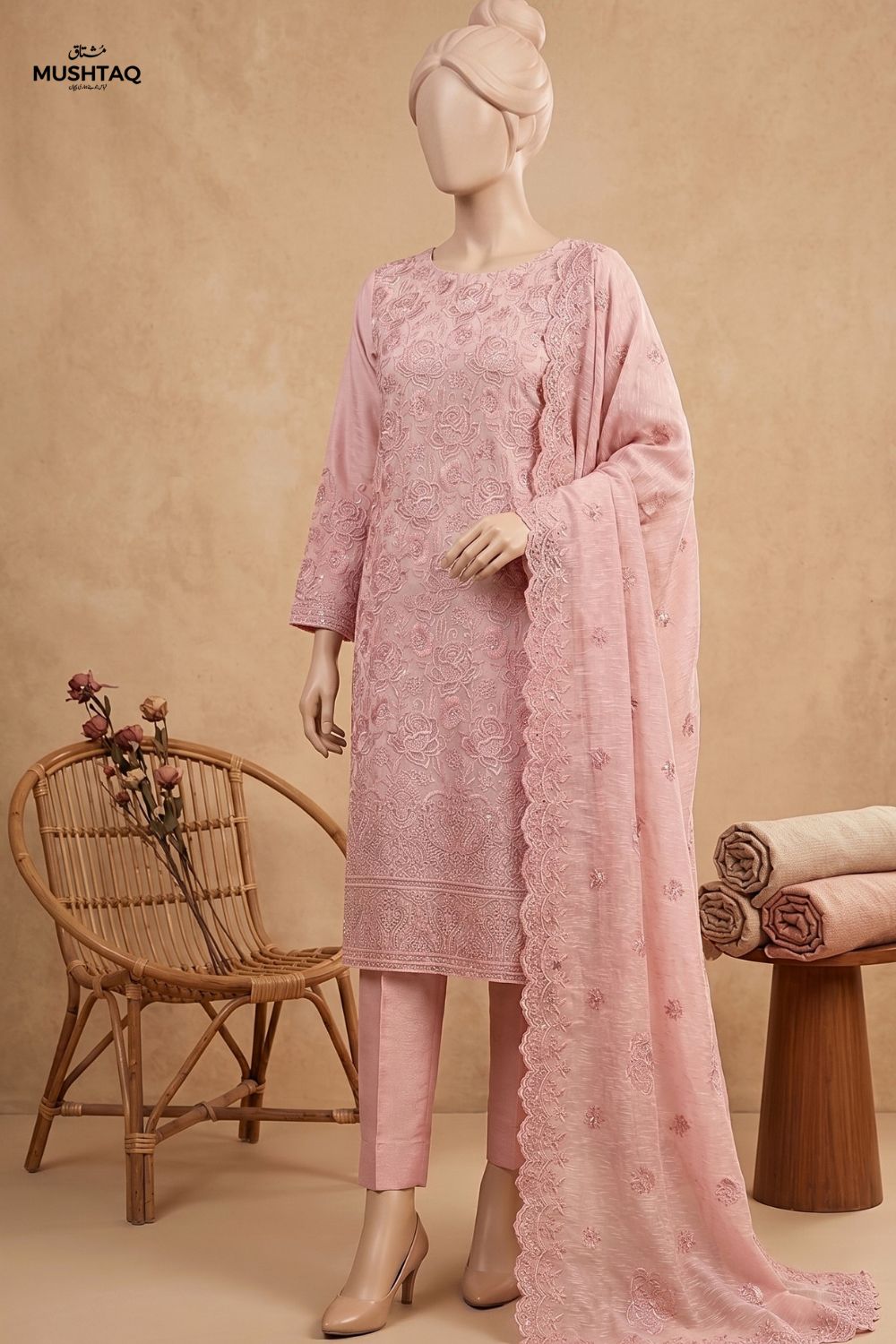 3Pcs Unstitched Embroidered Organza Suit Chiffon Dupatta and jamawar Trouser Mehar Nigah Collection Desgin - 01