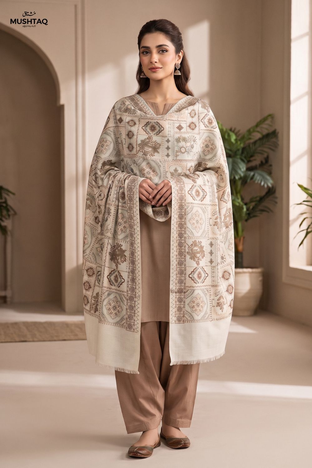 3Pcs Unstitched Pashima Suit With Embroidered Shawl Desgin - 1