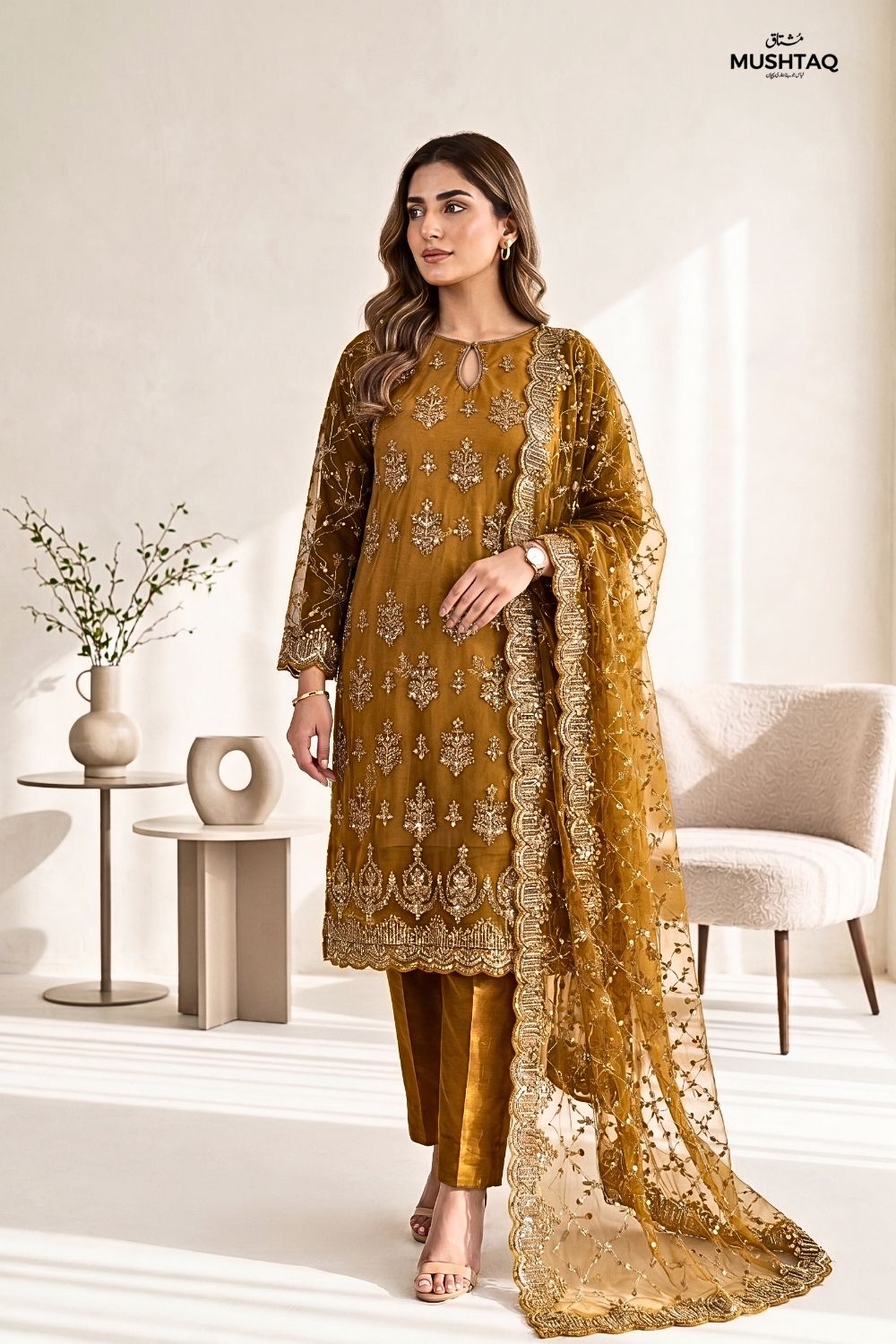 Mushtaq 3Pcs Unstitched Net Suit with Moti work Jasmine Party Wear Collection Desgin - 1