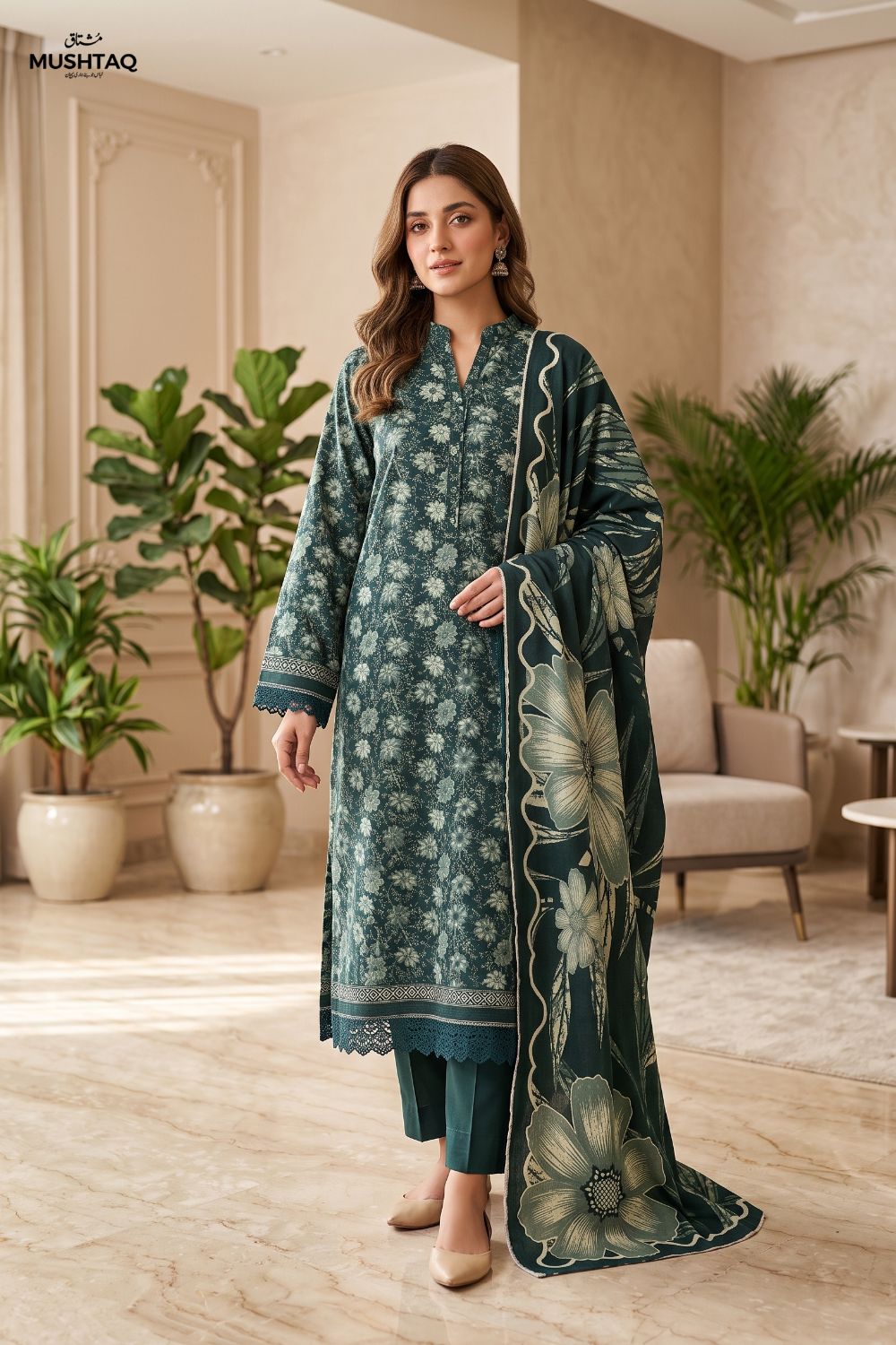Mushtaq 3Pcs Unstitched Printed Khaddar Dilara Collection Desgin - 1