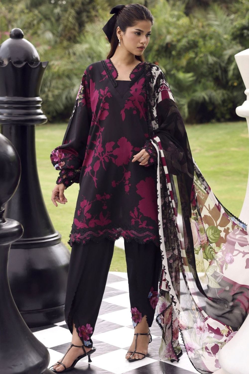Elaf Premium 3Pc Unstitched Belladore Printed Chiffon Suit EPA-4A SCARLET