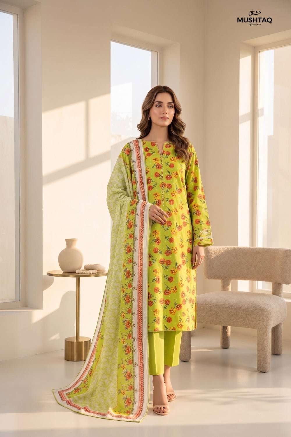 Mushtaq 3Pcs Unstitched Printed Lawn Suit Noor-e-Ain Collection Desgin - 1
