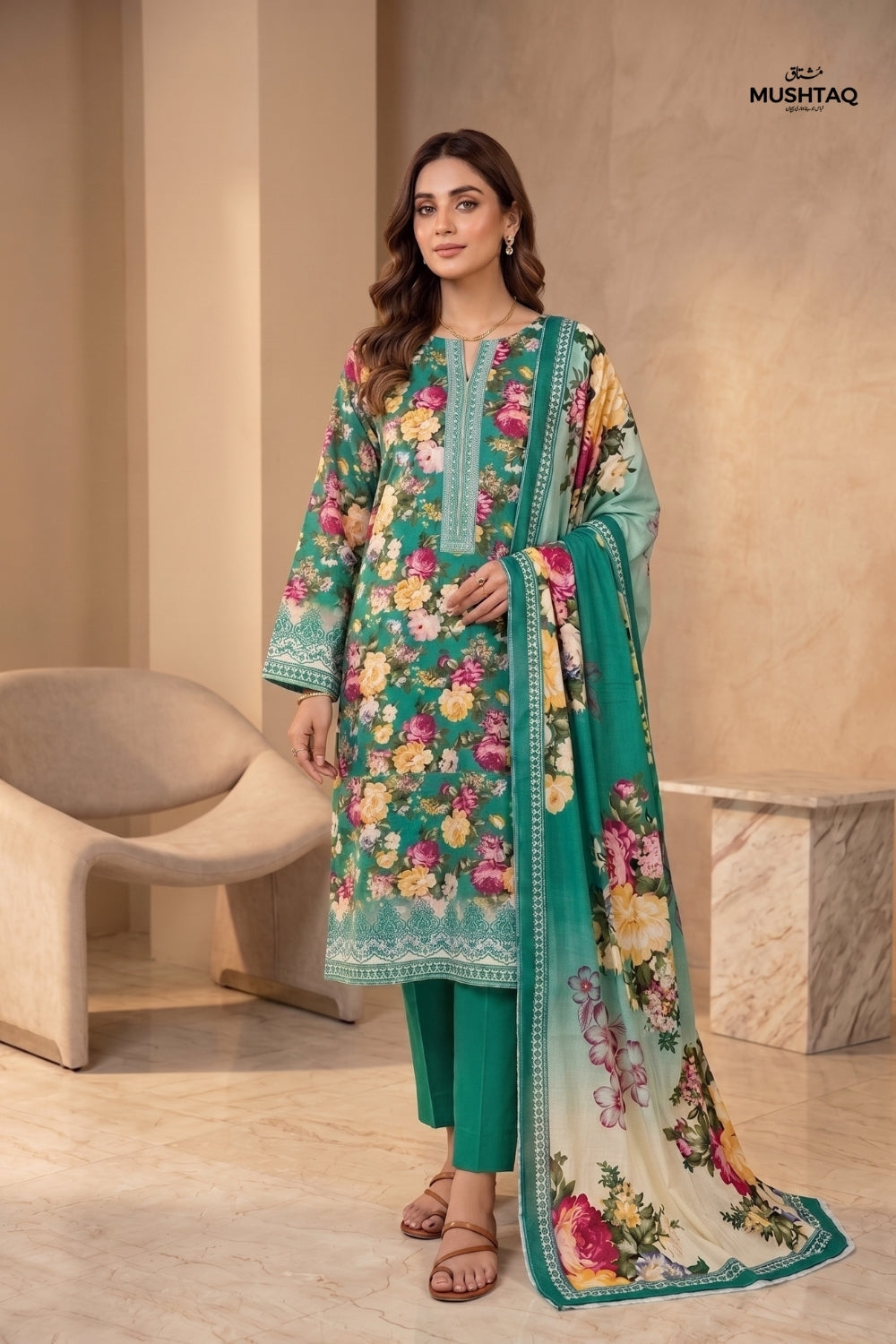 Mushtaq 3Pcs Unstitched Mascot Linen Suit Mira Collection Desgin - 1