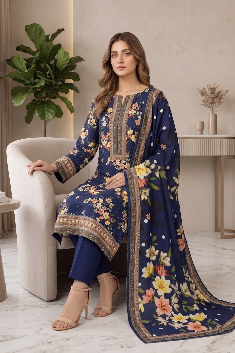 Mushtaq 3Pcs Unstitched Mascot Linen Suit Mira Collection Desgin - 7