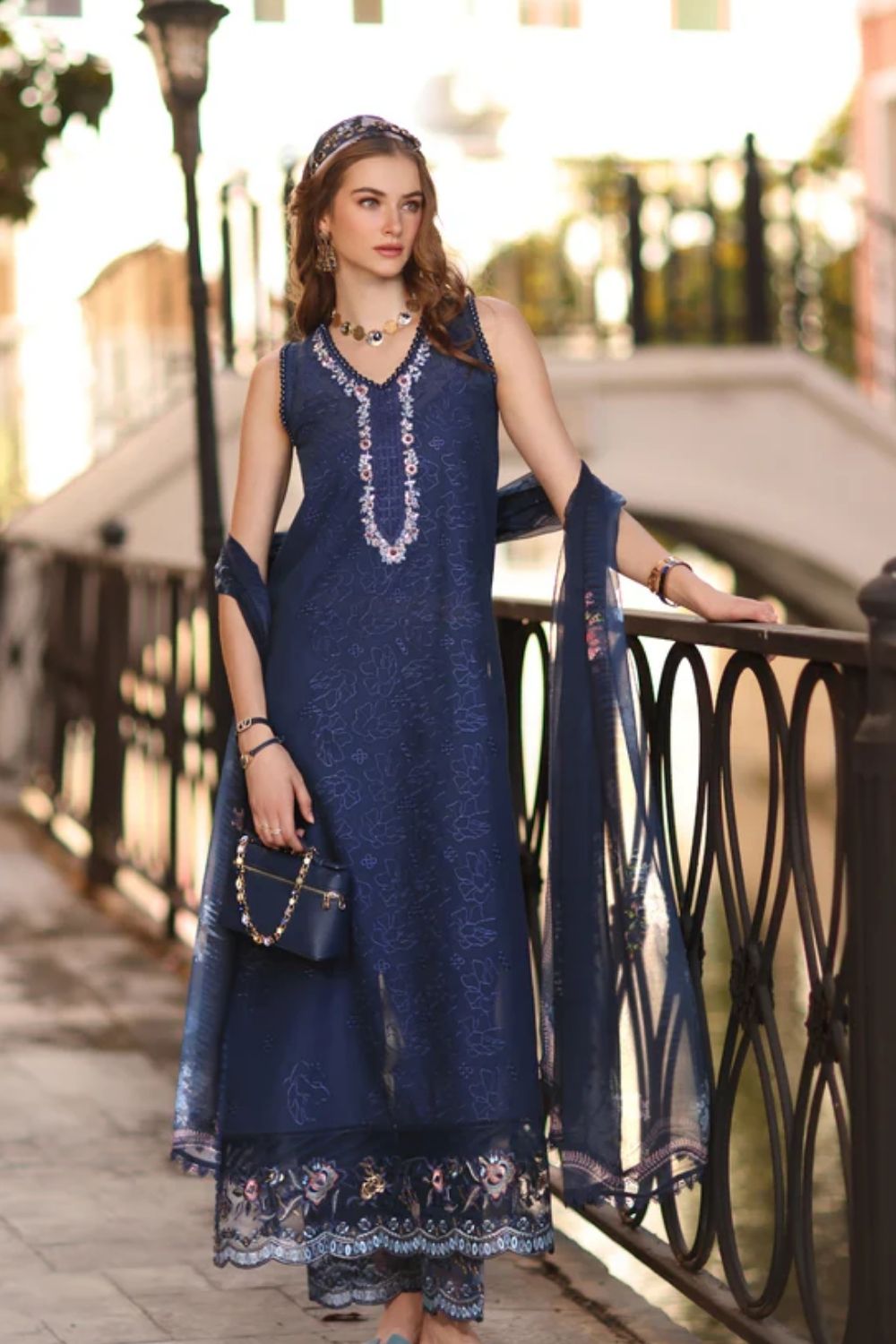 Noor By Saadia Asad Embroidered Lawn Suits Unstitched 3 Piece Luxury Collection D6 - A - Imperial Blue