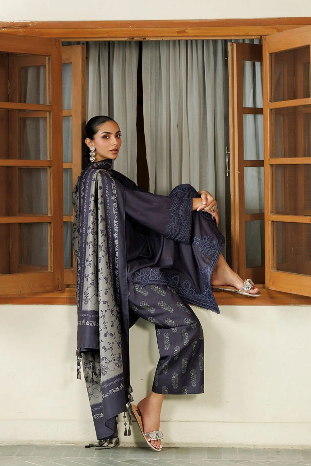 Iznik 3Pc Unstitched Embroidered Printed Viscose Linen Suit IPF-30