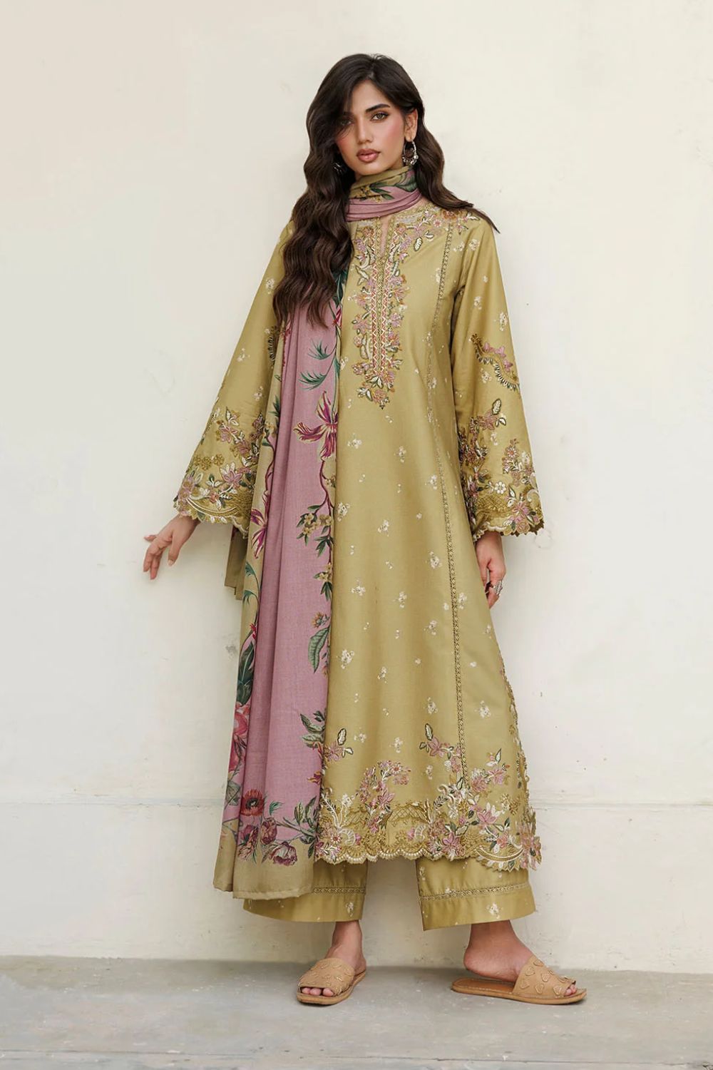 Iznik 3Pc Unstitched Embroidered Printed Viscose Linen Suit IPF-23