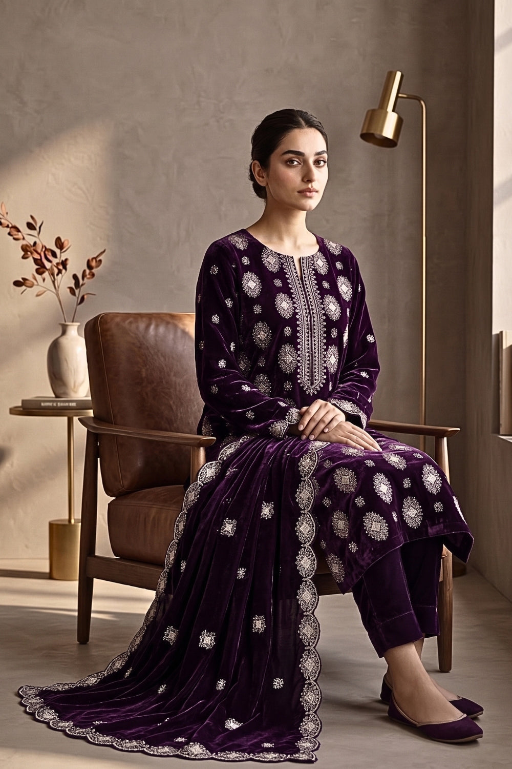 Mushtaq 3Pcs Unstitched Velvet Plain suit Desgin - 1