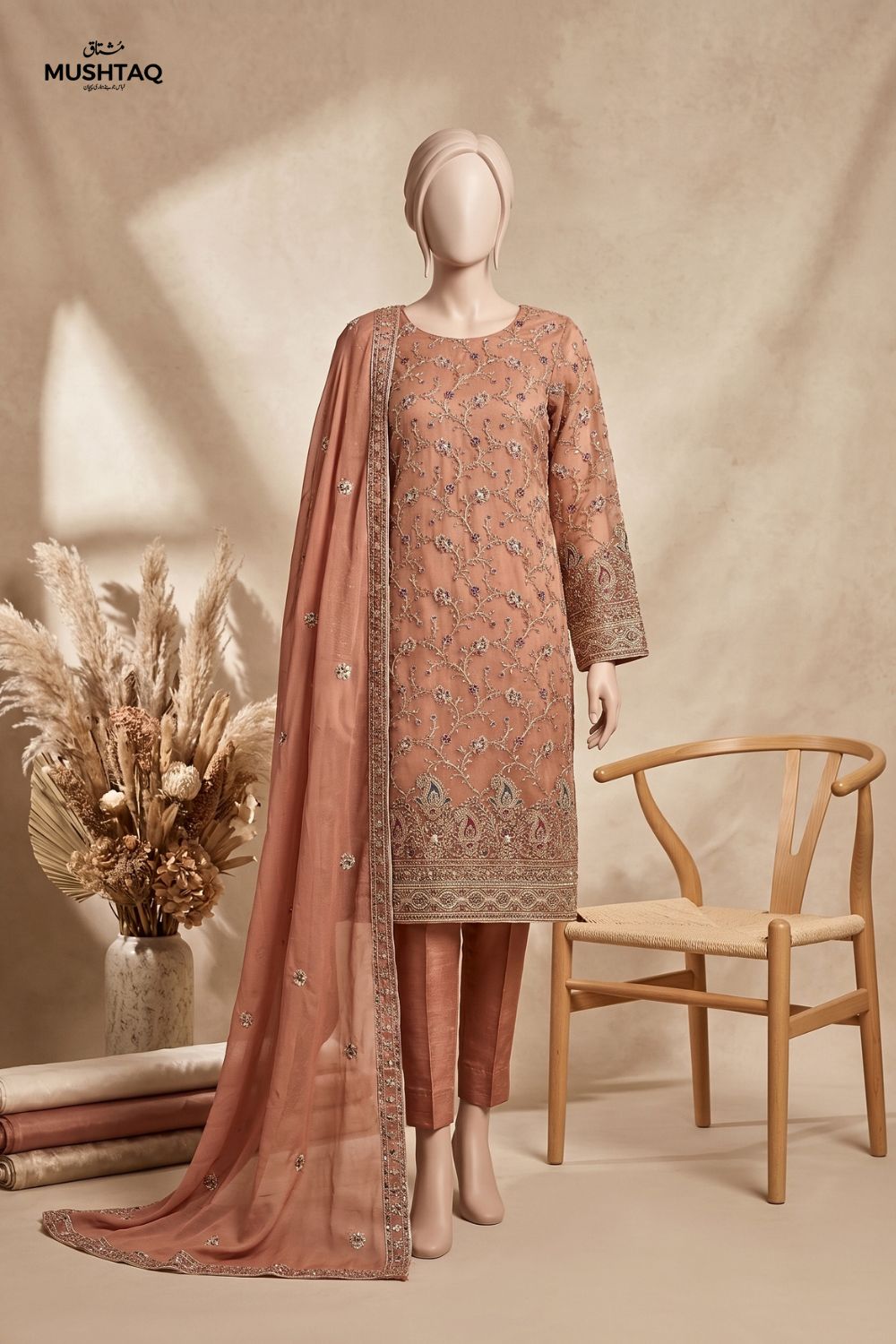 3Pcs Unstitched Embroidered Organza Suit Chiffon Dupatta and jamawar Trouser Desgin - 03