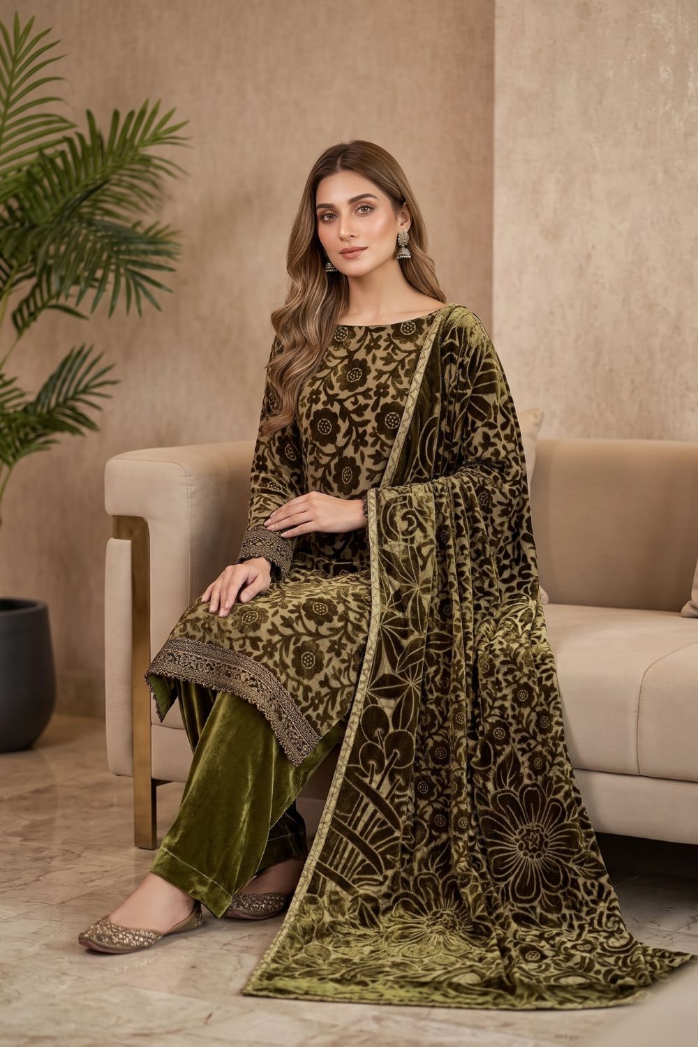 3Pcs Unstitched Printed Plachi Stuff with Shaneel velvet trouser Desgin - 1