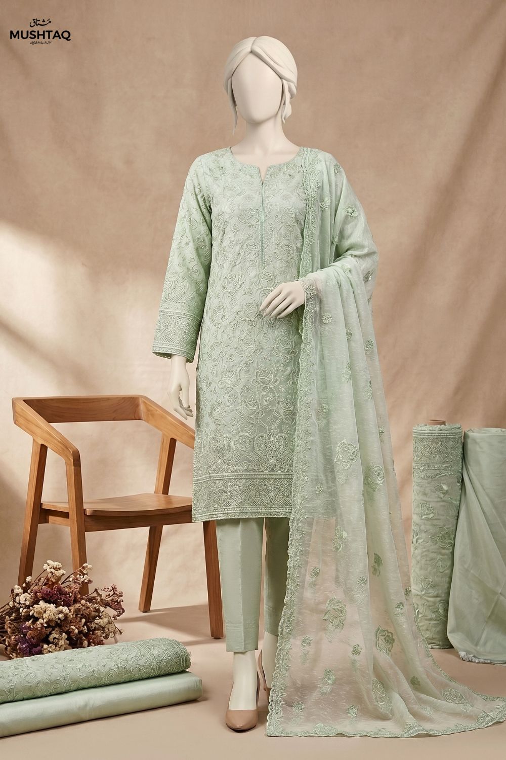 3Pcs Unstitched Embroidered Organza Suit Chiffon Dupatta and jamawar Trouser Mehar Nigah Collection Desgin - 04