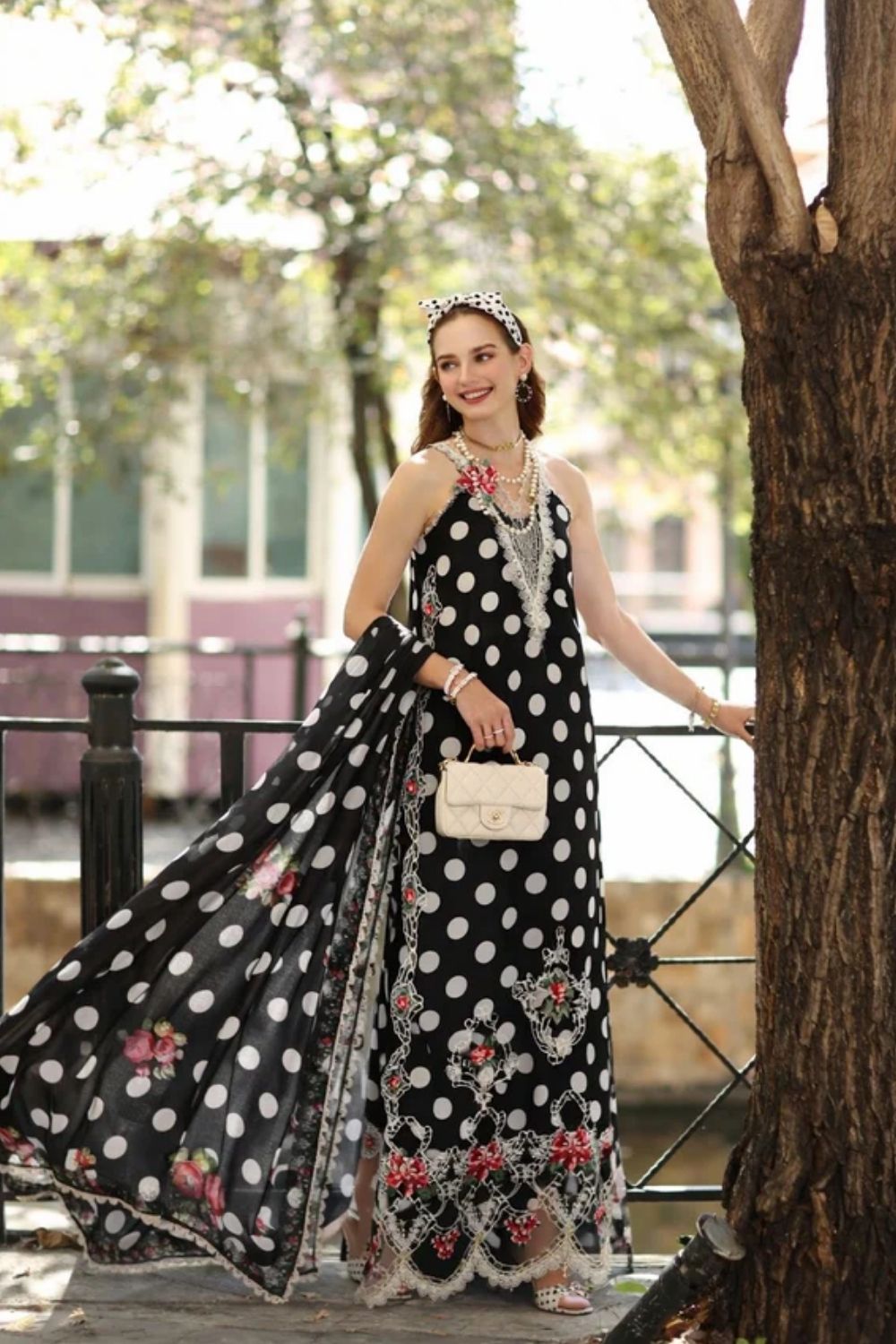 Noor By Saadia Asad Embroidered Lawn Suits Unstitched 3 Piece Luxury Collection D4 - C- Monochrome Polka