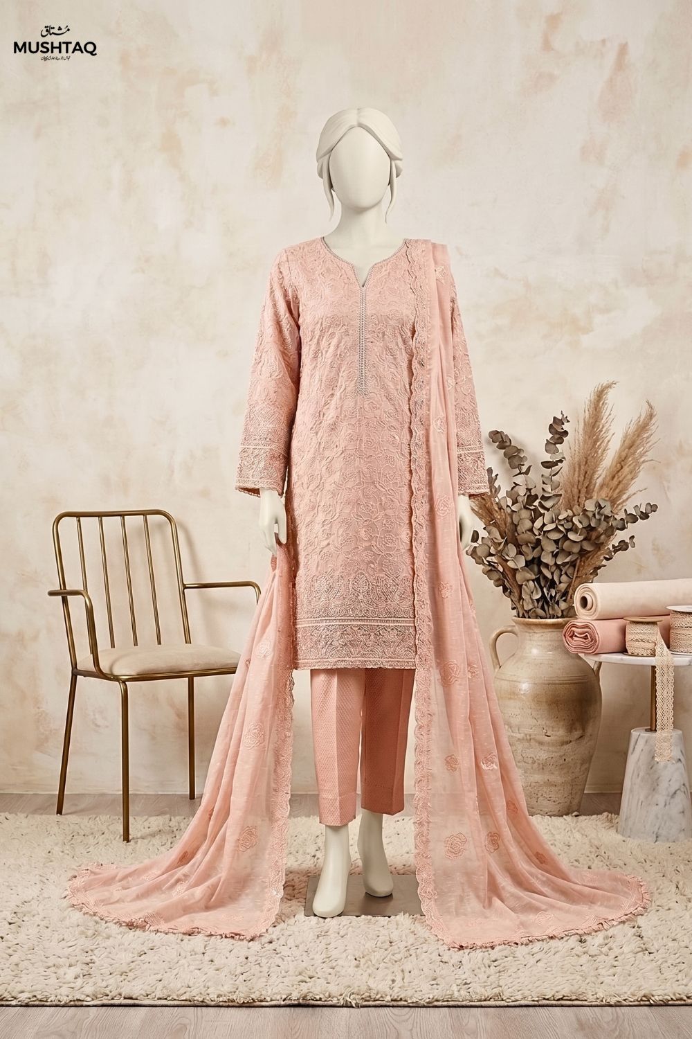 3Pcs Unstitched Embroidered Organza Suit Chiffon Dupatta and jamawar Trouser Mehar Nigah Collection Desgin - 02