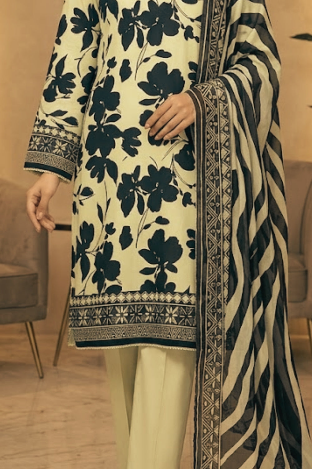 Mushtaq 3Pcs Unstitched Printed Viscouse Linen Suit with chiffon duppata Noor-e-Aroos Collection Desgin - 1