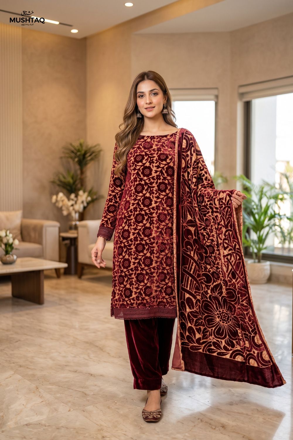3Pcs Unstitched Printed Plachi Stuff with Shaneel velvet trouser Desgin - 2