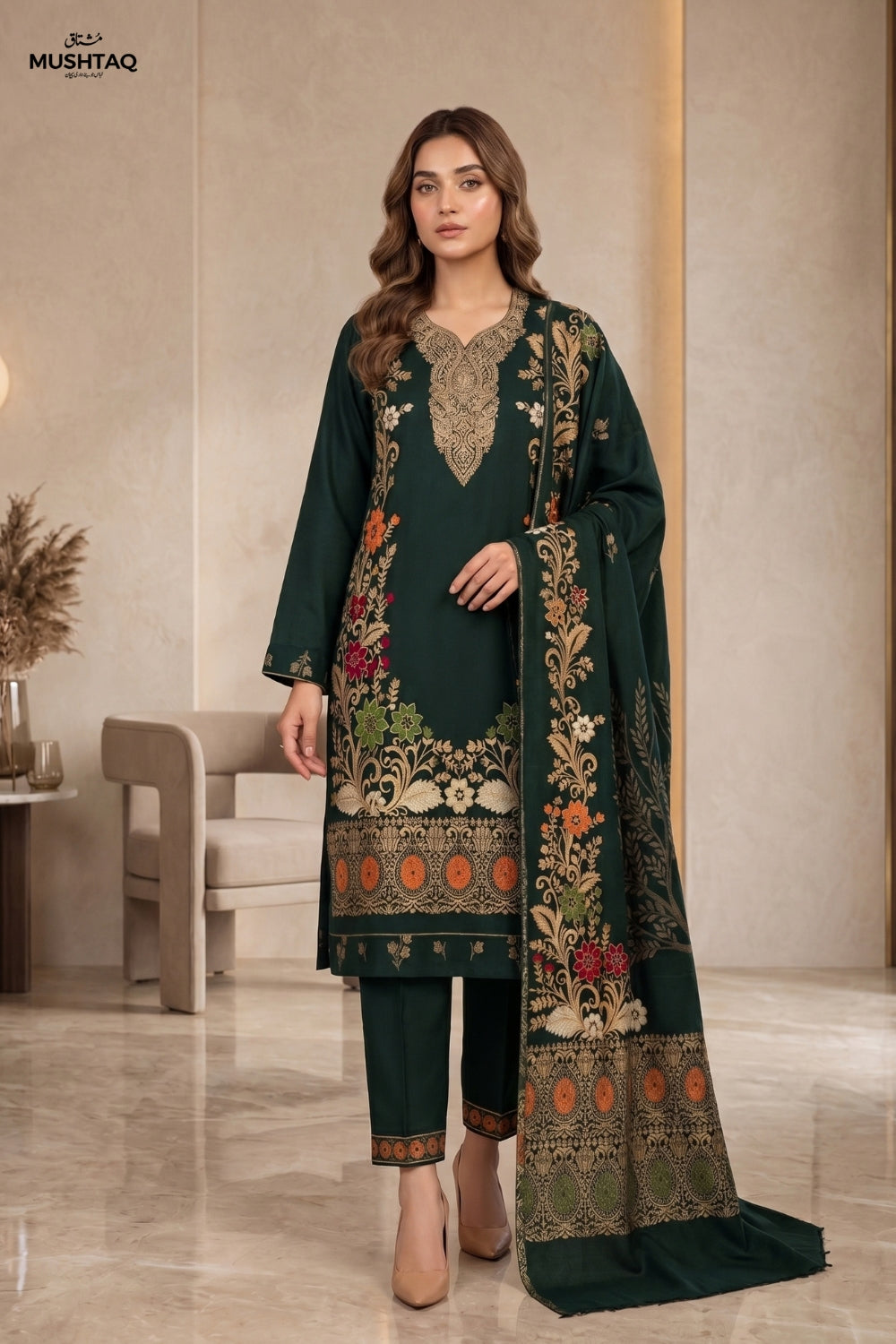 Mushtaq 3Pcs Unstitched Pashmina Jacquard Collection Desgin - 2