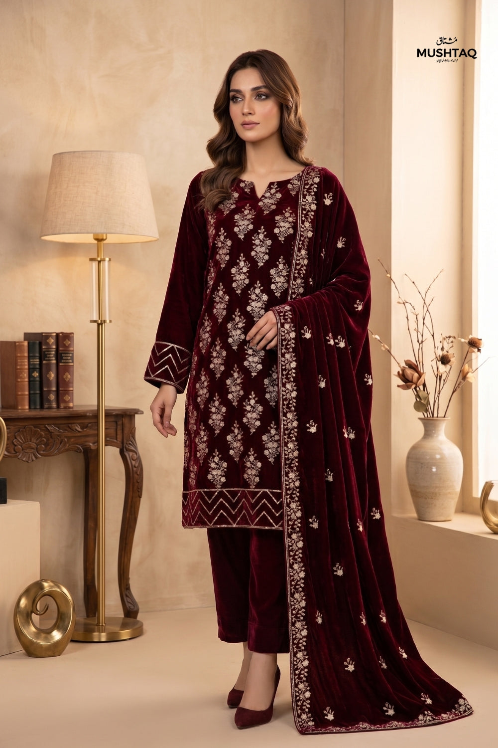 Mushtaq 3Pcs Unstitched Velvet Fancy suit Desgin - 11