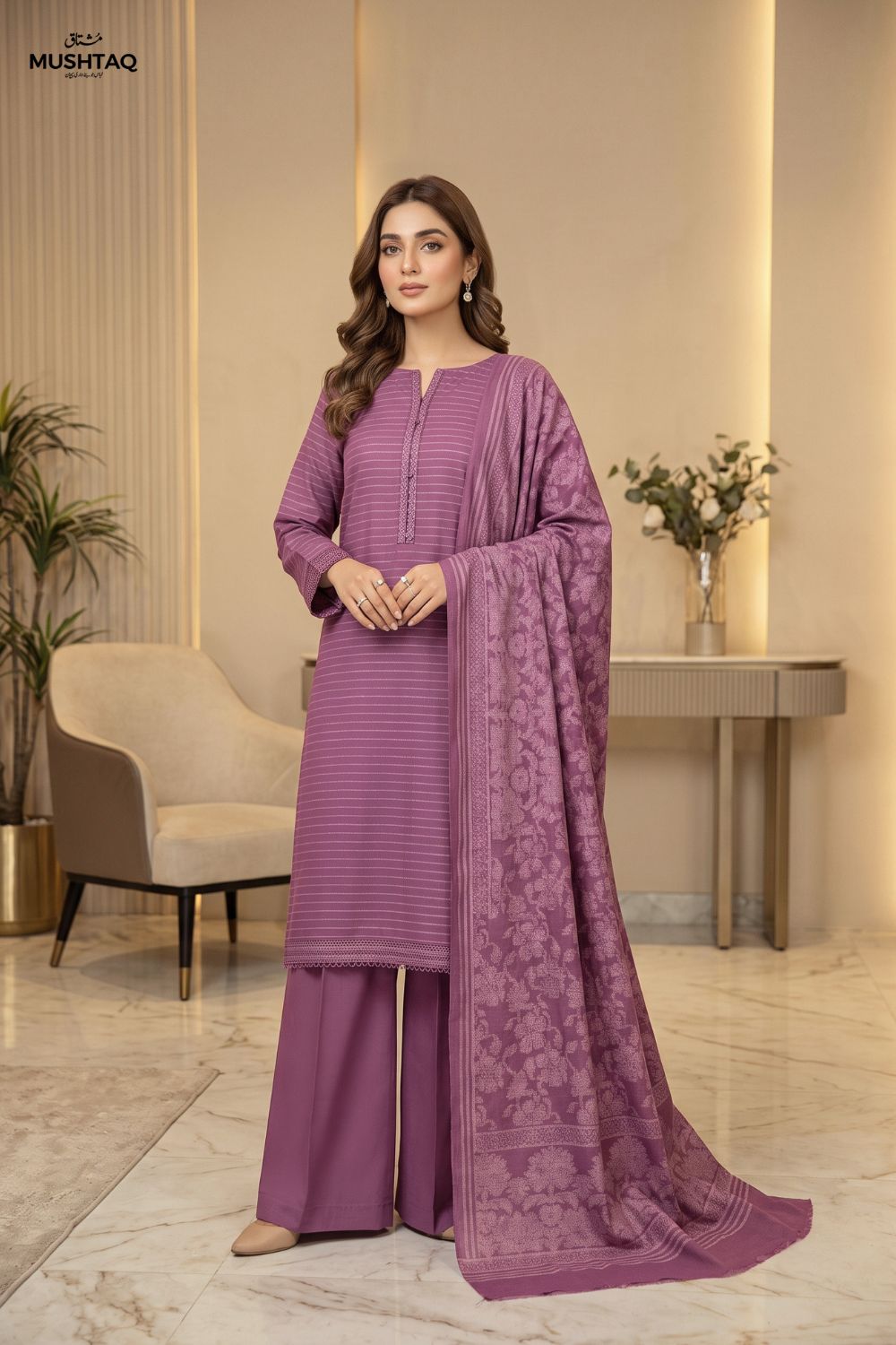Mushtaq 3Pcs Unstitched Marina suit with Wool Shawl Ayzel Collection Desgin - 2