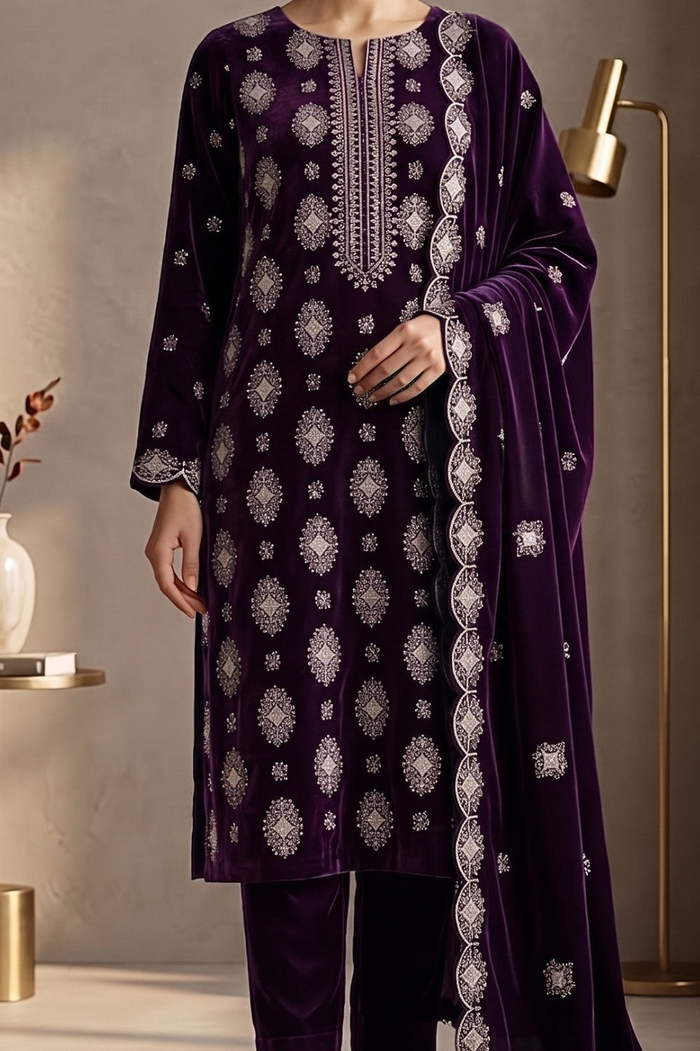 Mushtaq 3Pcs Unstitched Velvet Plain suit Desgin - 1