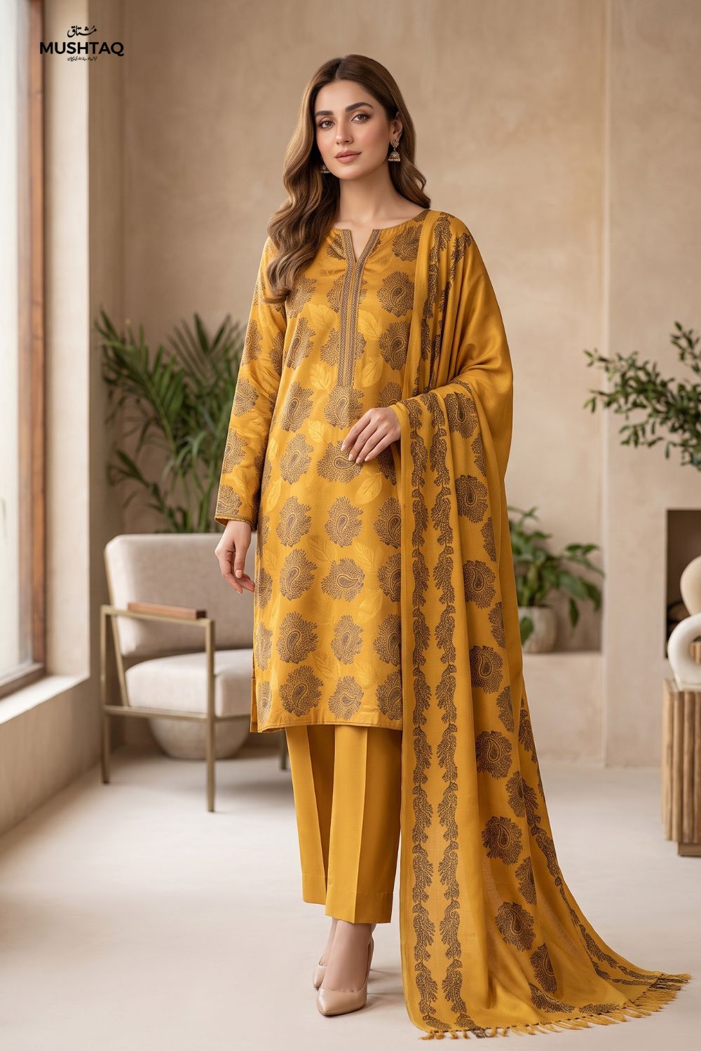 3Pcs Unstitched Printed China Patti With Wool Shawl Desgin - 2