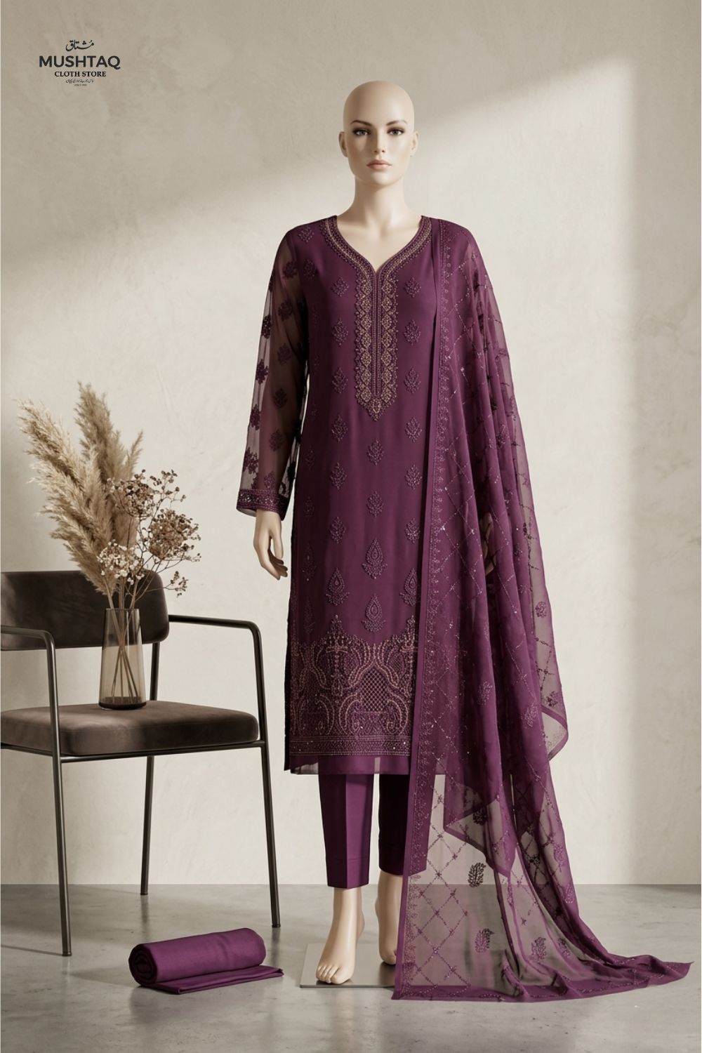 Mushtaq Noor-e-jahaan Collection 4Pcs Unstitched Chiffon Suit Fancy Dupatta Silk Trouser Desgin - 3