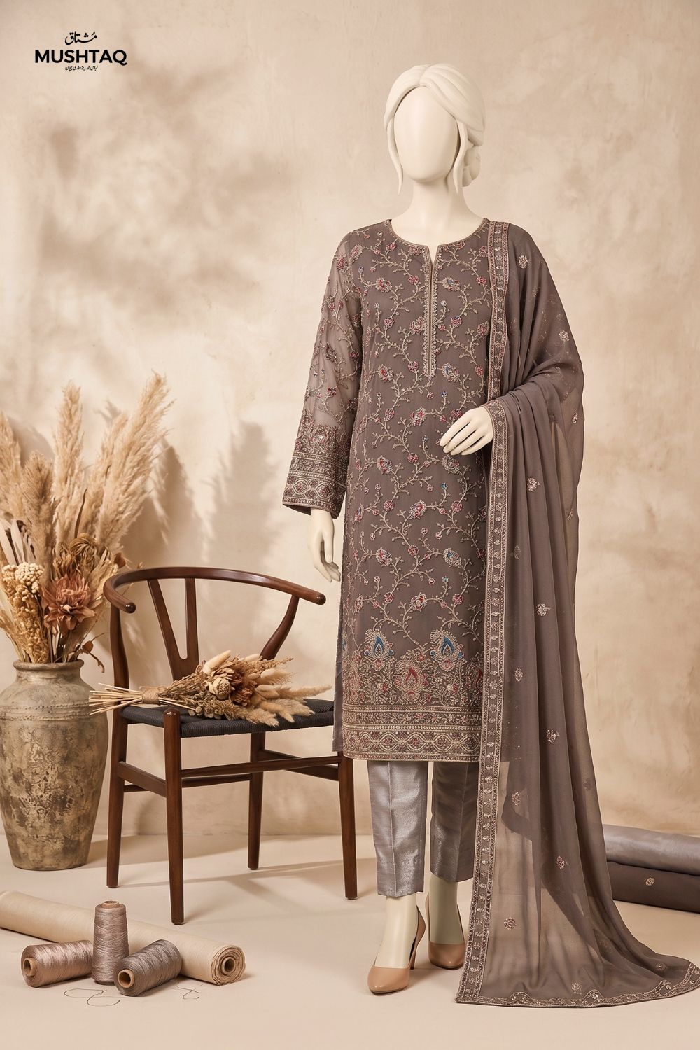3Pcs Unstitched Embroidered Organza Suit Chiffon Dupatta and jamawar Trouser Desgin - 01