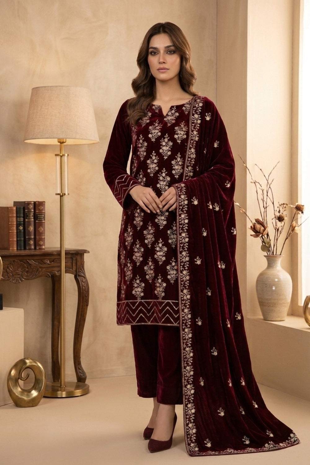 Mushtaq 3Pcs Unstitched Velvet Fancy suit Desgin - 11