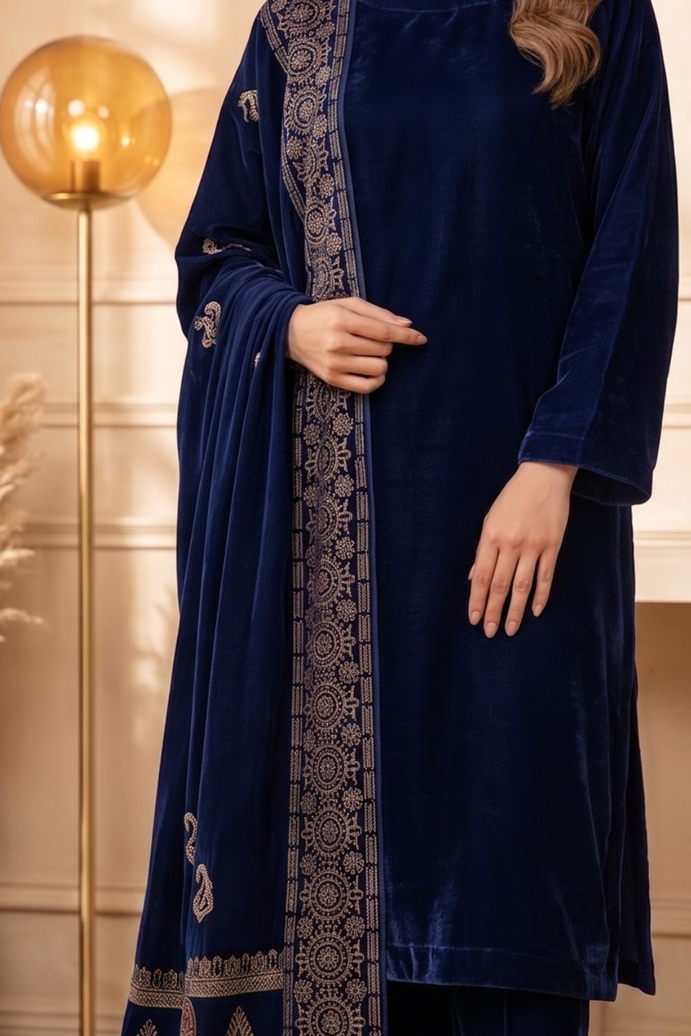 Mushtaq 3Pcs Unstitched Velvet Plain suit Printed Shawl Desgin - 1