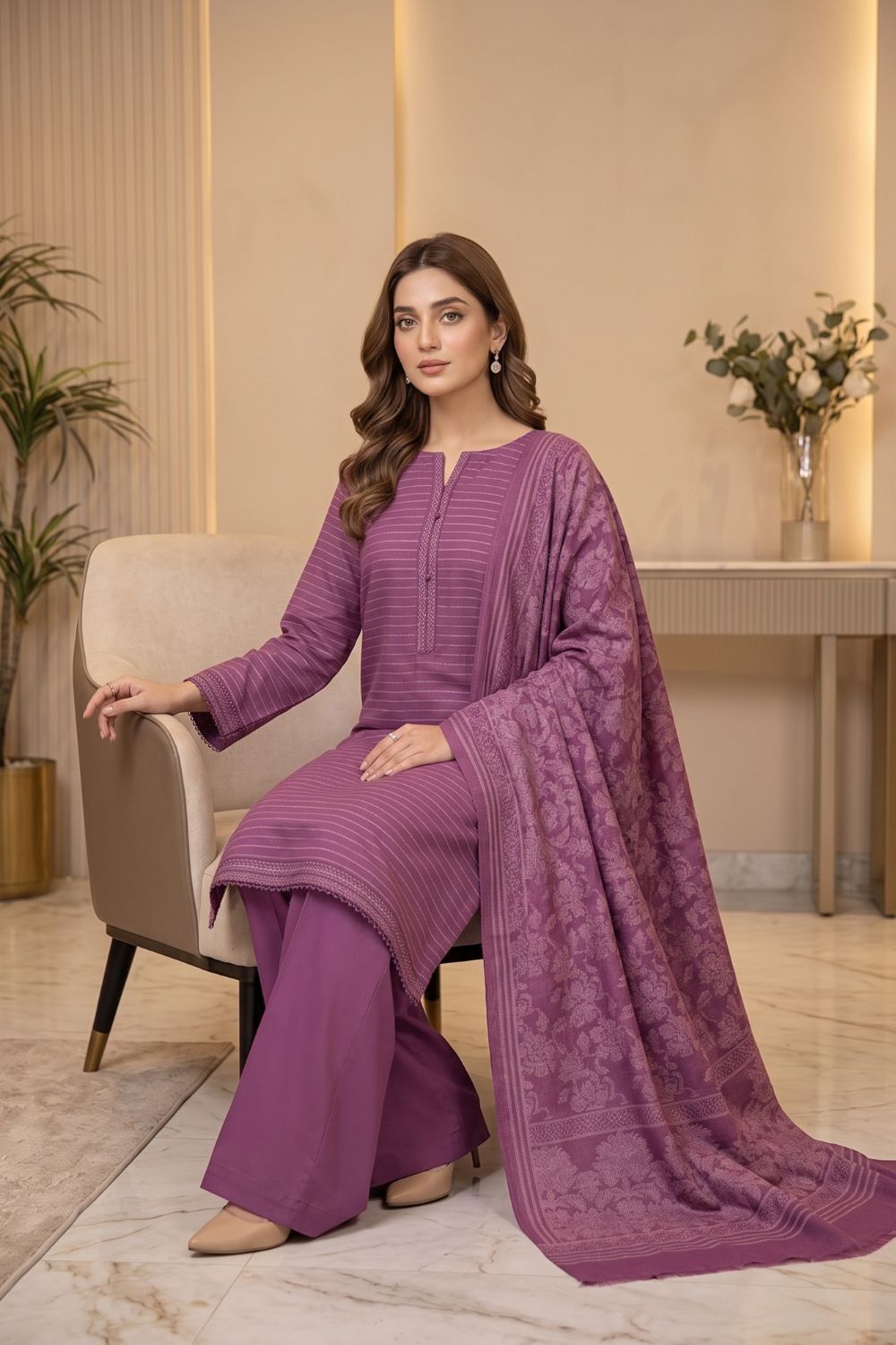 Mushtaq 3Pcs Unstitched Marina suit with Wool Shawl Ayzel Collection Desgin - 2